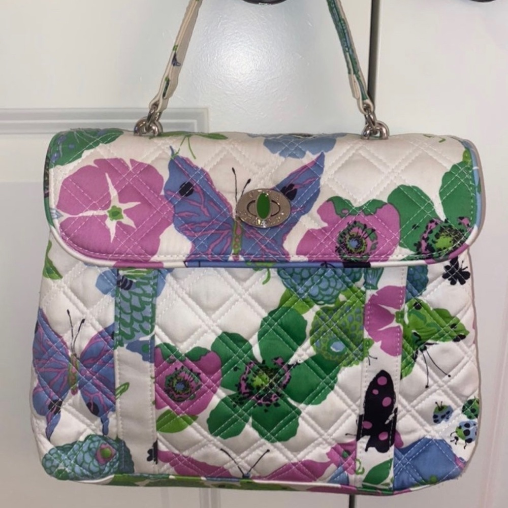 Vera Bradley Nicole Purse, Sateen - Butterflies, Floral - Blue/Pink/Green/White